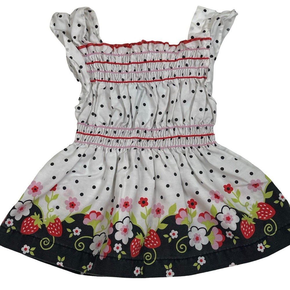 Vintage Park Bench Kids Dress Girl 24m White Strawberry Polka Dot Smocked Ruffle